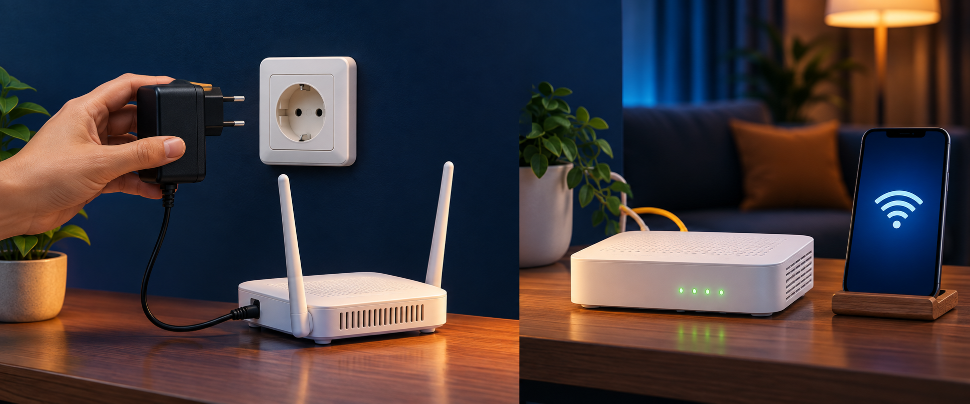 Ilustrasi memegang badan adaptor listrik yang telah dicabut dari stopkontak, router WiFi, ONT, dan HP